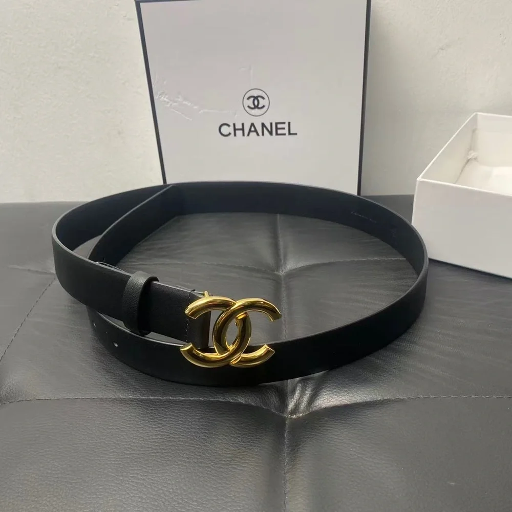 Chanel Black Leather Belt 85/34 Double Gold CC Buckle Full Set